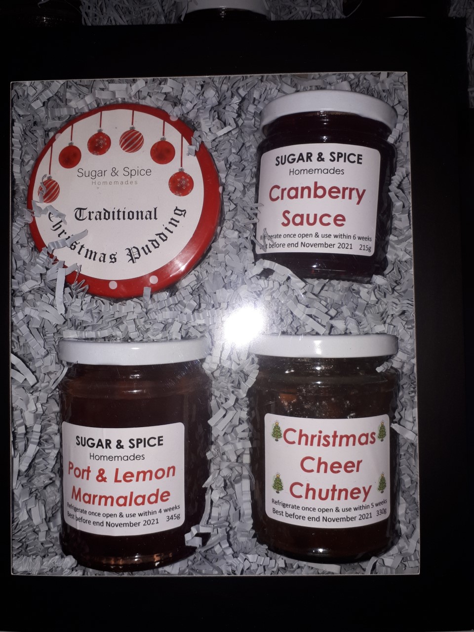 image Christmas food gift box with jams and chutneys.
