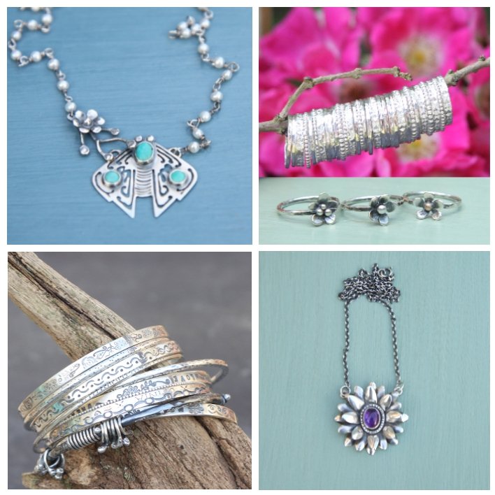 Silver jewelry collection with floral motifs.